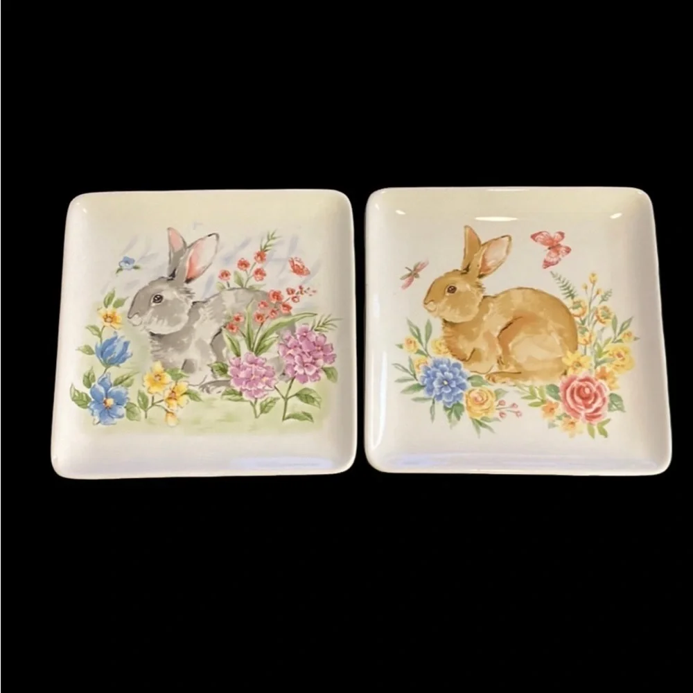 Spring Flowers & Bunny serving plates. White. Set of 2. Colorful Pastels.
